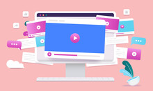 Online Video Channel On Computer Screen - Viral Videos Concept On Desktop Pc With Media Player Windows And Design Elements Flying Around. Vector Illustration
