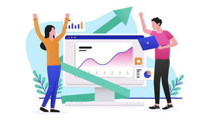 Fototapete - Online and digital growth - Man and woman entrepreneurs with rising graph and chart cheering and celebrating success. Flat design vector illustration with white background