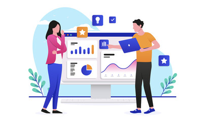 Aufkleber - Dashboard data and people - Man and woman working on computer with graphs and charts, analysing and discussing results. Flat design vector illustration with white background