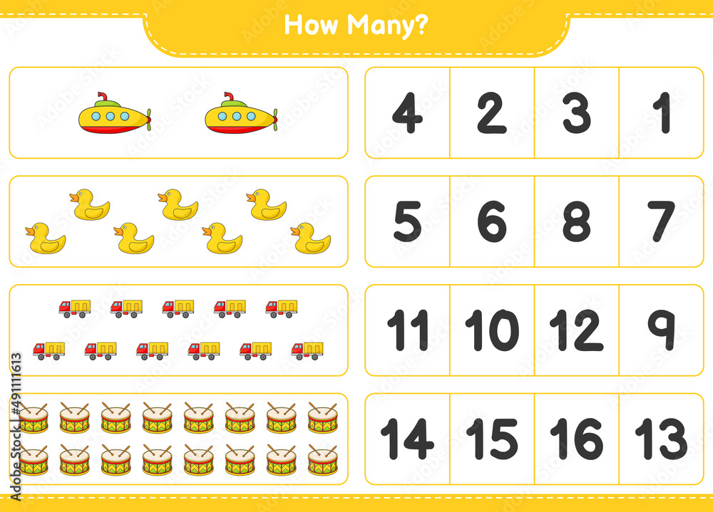Counting game, how many Submarine, Rubber Duck, Lorry, and Drum ...