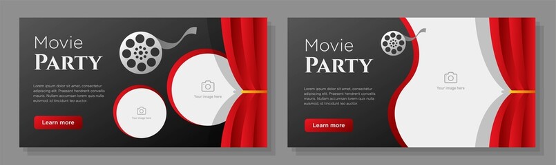 Wall Mural - Movie party online banner template set, cinema theater advertisement, horizontal ad, classic film roll, curtain campaign webpage, flyer, creative brochure, isolated on background