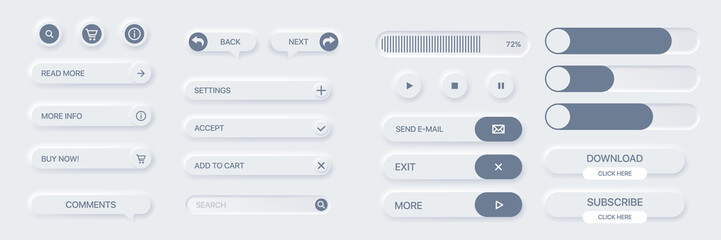 set of vector buttons for websites, mobile applications. neumorphism and toggles design. light web u