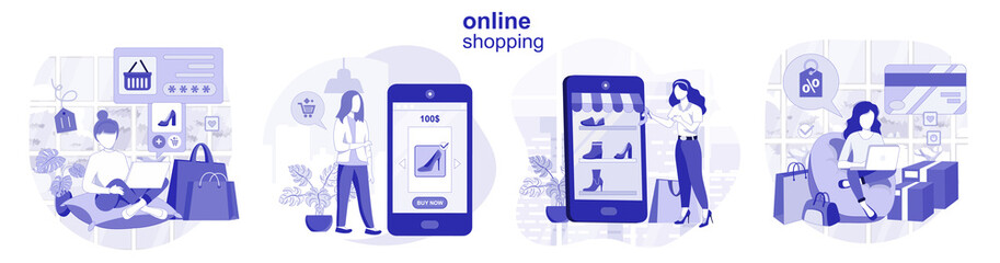 Wall Mural - Online shopping isolated set in flat design. People choose goods and pay for purchases on site, collection of scenes. Vector illustration for blogging, website, mobile app, promotional materials.