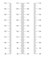 Stadiometer Scale Set From 80 To 170 Cm. Kids Height Chart Template For Wall Growth Stickers Isolated On White Background. Vector Graphic Illustration.