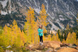 © Cavan - Fit female posing in a forest of golden larches in the fall