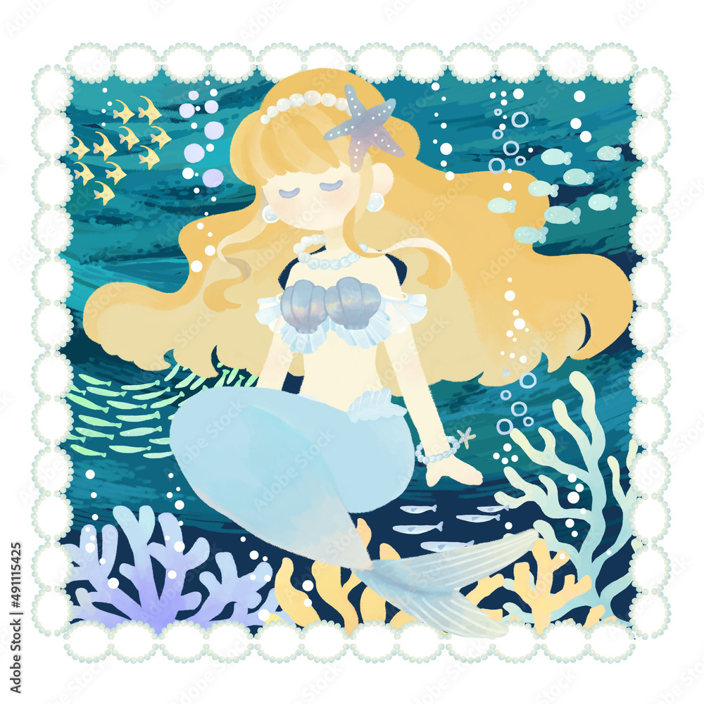 マーメイド】シーグラスアート イラスト 水彩画 原画 置物