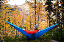 Female Smiling In A Hammock In A Forest Of Larches During Autumn