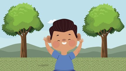 Poster - happy little boy in spring landscape