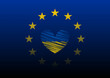 © Monika - Serce pomalowane w barwy Ukraińskiej flagi na tle flagi Uni Europejskiej. Międzynarodowa współpraca. Stop wojnie. Wsparcie dla Ukrainy. Ilustracja wektorowa niebieska i żółta.