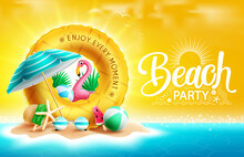 Summer Beach Party Vector Design. Beach Party Text In Miniature Island With Floater, Umbrella And Flamingo Elements For Sunny Tropical Season Fun Event. Vector Illustration.
