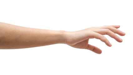 Woman hand reach and ready to help or receive. Gesture isolated on white background.