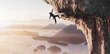 Adventurous Adult Man Rock Climbing A Steep Rocky Mountain On The Ocean Coast. 3d Rendering Cliff Extreme Adventure Sport Concept. Aerial Background From British Columbia, Canada.