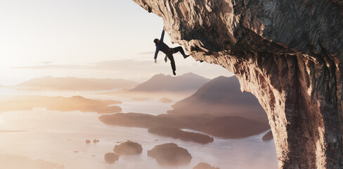 Adventurous Adult Man Rock Climbing a Steep Rocky Mountain on the Ocean Coast. 3d Rendering Cliff Extreme Adventure Sport Concept. Aerial background from British Columbia, Canada.