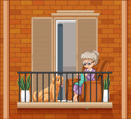 Poster - Old woman knitting on the balcony