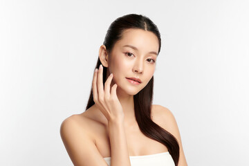 Beautiful young asian woman with clean fresh skin on white background, Face care, Facial treatment, Cosmetology, beauty and spa, Asian women portrait.