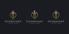 Set Monogram Luxury Gold Initials Letter S With Sword Golden Kingdom Vector Logo Design