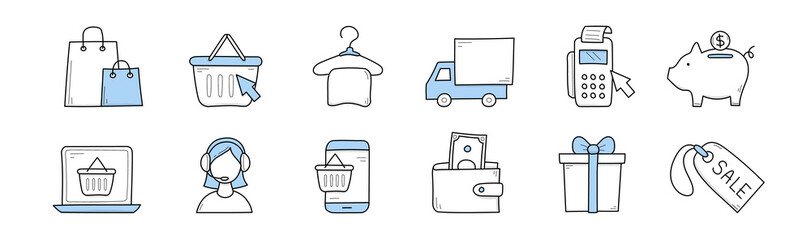 Wall Mural - e-commerce doodle icons, signs of web store sale, delivery, online support and payment. vector doodl