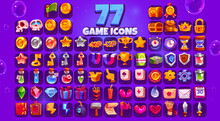 Game Icons Big Set, Cartoon Skull, Coin, Star, Xp And Gold Cup, Clock, Chest, Medal Or Money Sack. Crown, Lock, Key, Magnet Or Shield, Witch Potion, Gift Box, Crystal And Parchment Vector Ui Elements