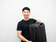 Man Black Shirt Carry Luggage Smiling Portrait White Isolated