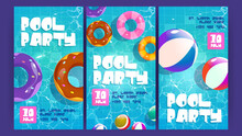 Pool Party Posters With Inflatable Rubber Rings And Balls Floating In Water. Vector Vertical Banners Of Summer Holidays, Resort Vacation With Cartoon Top View Of Swimming Pool