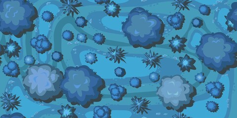 Wall Mural - night plant landscape top view. wild forest trees and bushes. dark twilight garden. seamless pattern