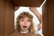 © Volodymyr - Child open carton delivery box, packaging open and closed cardboard box. Parcels and delivery.