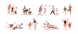 © Good Studio - People, families exercising, playing together. Parents-children workouts set. Mothers, father, kids doing sports. Physical training. Flat graphic vector illustrations isolated on white background