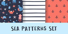 Sea Patterns Collection For Baby Fabric. Marine Prints Set For Kids Apparel. Cute Seamless Vector Patterns Bundle.