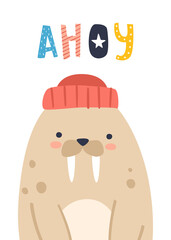 Wall Mural - cute doodle walrus in sailors hat. baby marine poster with lettering. kawaii scandinavian animal pri