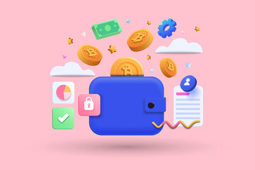 Blue bitcoin wallet with coins and cash isolated on pink background. Online shop, finance, banks, money-saving, cashless society concept. 3d vector illustration