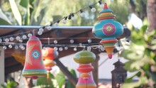 Festival Street Decoration For Cinco De Mayo, Day Of The Dead Or Dia De Muertos. Mexican Colorful Ethnic Decor For Holiday, Carnaval, Party Or Fiesta. Lightbulb Garland Hanging, Carnival Atmosphere.