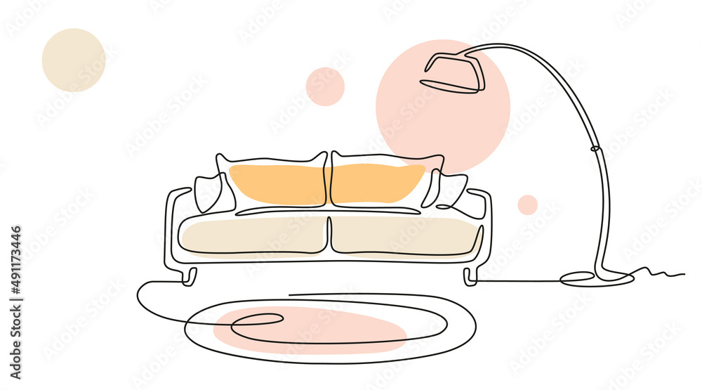 Continuous line drawing of sofa and lamp with abstract color shapes ...
