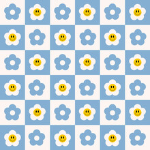 Retro Checkerboard Groovy Seamless Pattern With Smiling Flowers On A White Blue Background. Cute Colorful Trendy Vector Illustration In Style 70s, 80s	
