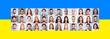 © deagreez - Сollage of photos of portraits of the serious people of Ukraine against the background of the Ukrainian yellow-blue flag, call to stop war, no killing civilians