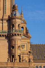 Close up of the decorations of the North Gate at the Plaza de Espana in Sevilla