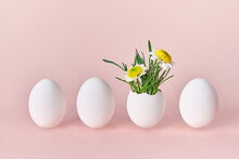 Easter Creative Concept. Green Sprouts And Spring Flowers In White Egg. Group Of Four Easter Eggs. Easter Card