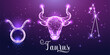 Futuristic Taurus zodiac sign on dark purple background. Glowing low polygonal design vector. 