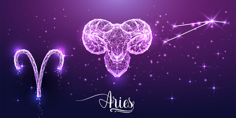 futuristic aries zodiac sign on dark purple background. glowing low polygonal design vector.