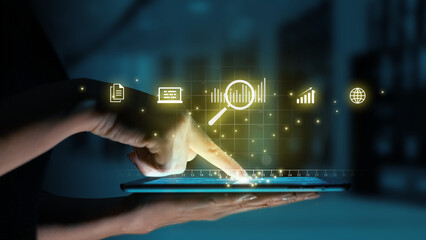 data discovery concept. magnifying glass and graph icons over tablet with persona.