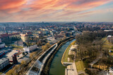 Fototapeta Big Ben - Miasto Racibórz na Śląsku w Polsce nad rzeką Odrą, panorama zimą z lotu ptaka