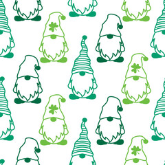 St patricks day gnomes outline silhouettes seamless pattern. Green leprechaun dwarfs. St patrick s day Irish gnomes contour shapes on white background