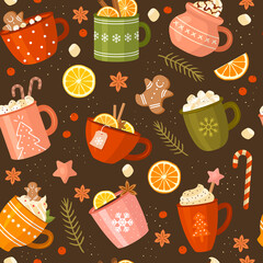 Wall Mural - Christmas pattern. Xmas cups with beverage hot drinks coffee and tea recent vector seamless background