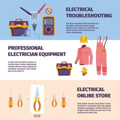 Canvas Print - Electrician workers banners. Power energy engineers with repairing electricity equipment digital voltage garish vector templates for print design