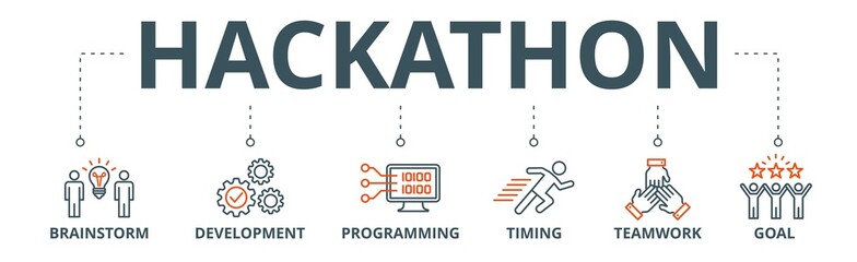 Hackathon banner web icon vector illustration concept for design sprint-like social coding event with icon of brainstorm, development, programming, timing, speed, teamwork, and goal