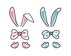 Easter bunny ears, bow and paw set. Cute bunny costume for baby girl and boy. First Easter party. Color vector illustration for print, card, invitation design