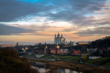 View Of The Dnieper River Embankment In Smolensk, The Assumption Cathedral And The Smolensk Fortress Wall On A Sunny Autumn Evening, Smolensk, Russia