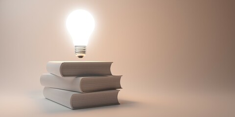 Glowing light bulb floating above stack of white books over white background, education, intelligence or idea concept