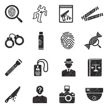 Crime Investigation Icons. Black Scribble Design. Vector Illustration.