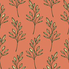 Wall Mural - Seamless vector pattern with tree twig on brown background. Simple natural branch wallpaper design. Decorative organic fashion textile.