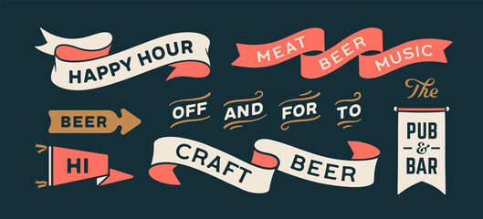 Wall Mural - vintage graphic set. ribbon, flag, arrow, board with text beer, hi, pub, bar, craft beer. set of rib